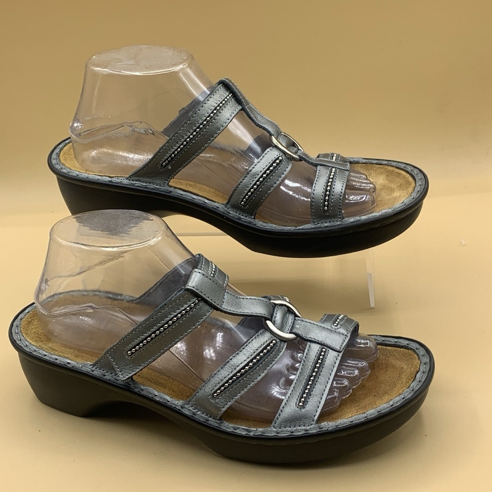 Naot Brasilia Sterling Leather Sandals Silver Metallic Slides Women's EU 40/US 9